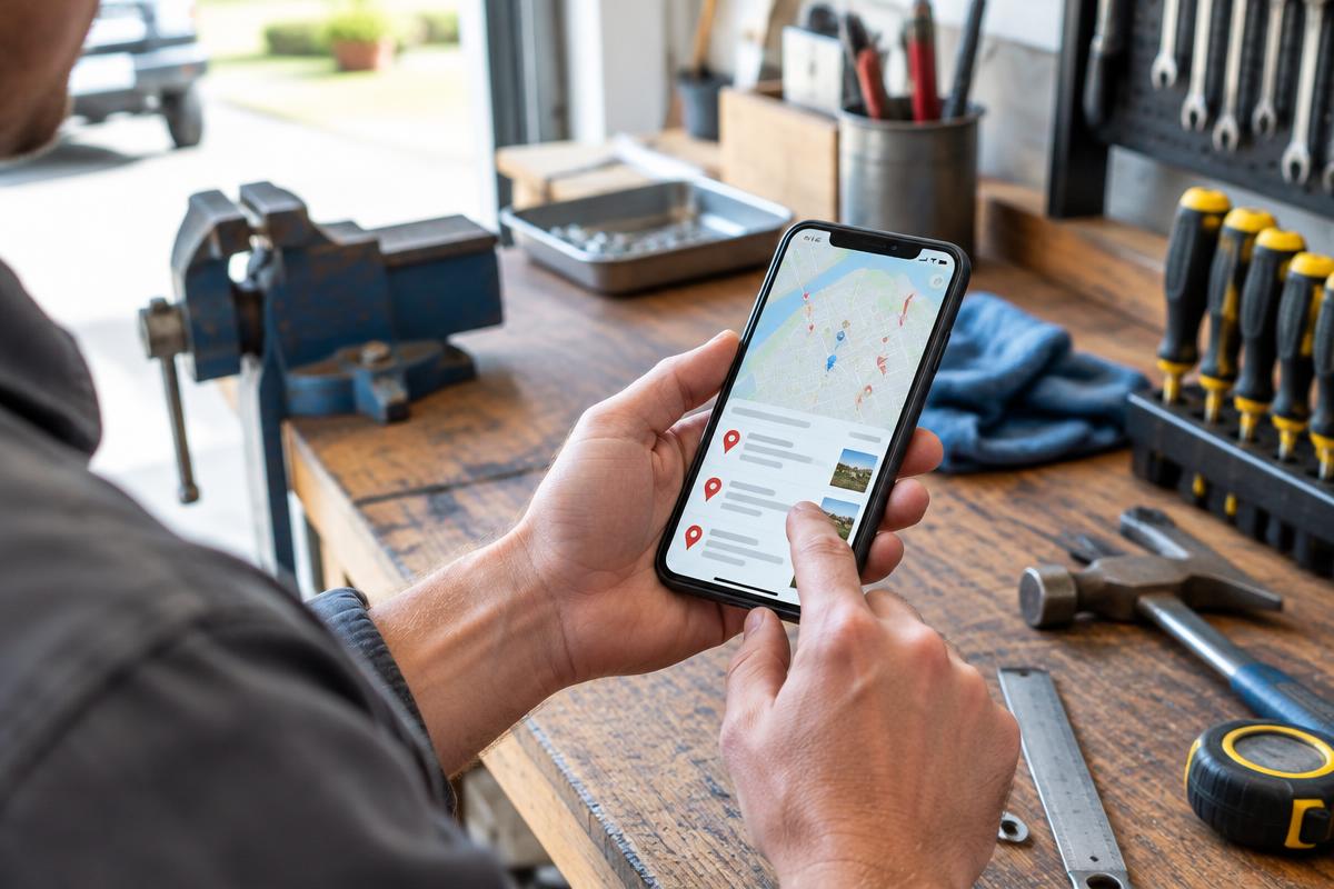 A small business owner checking local map search results on a phone