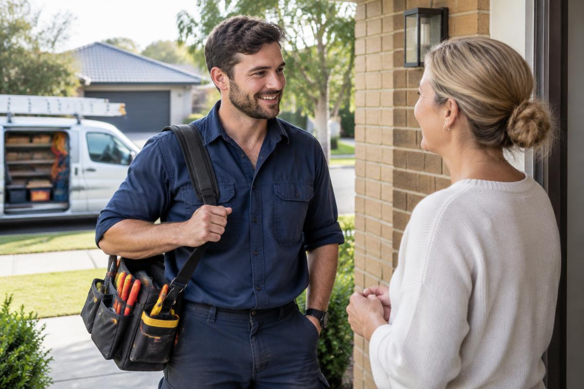 An Australian tradesperson speaking with a customer after completing a job